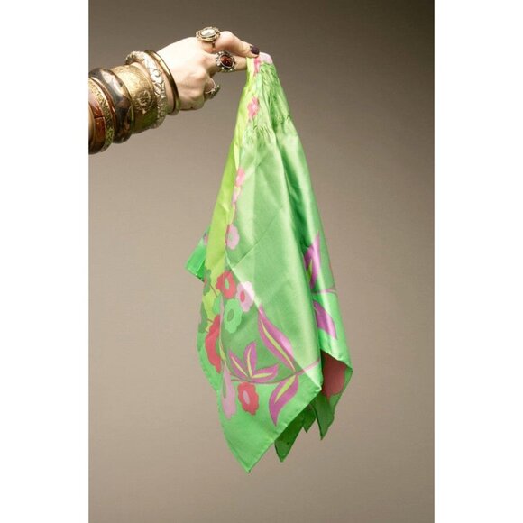 Vintage Green Pink Floral Silk Square Scarf Midcentury Design - Picture 4 of 11